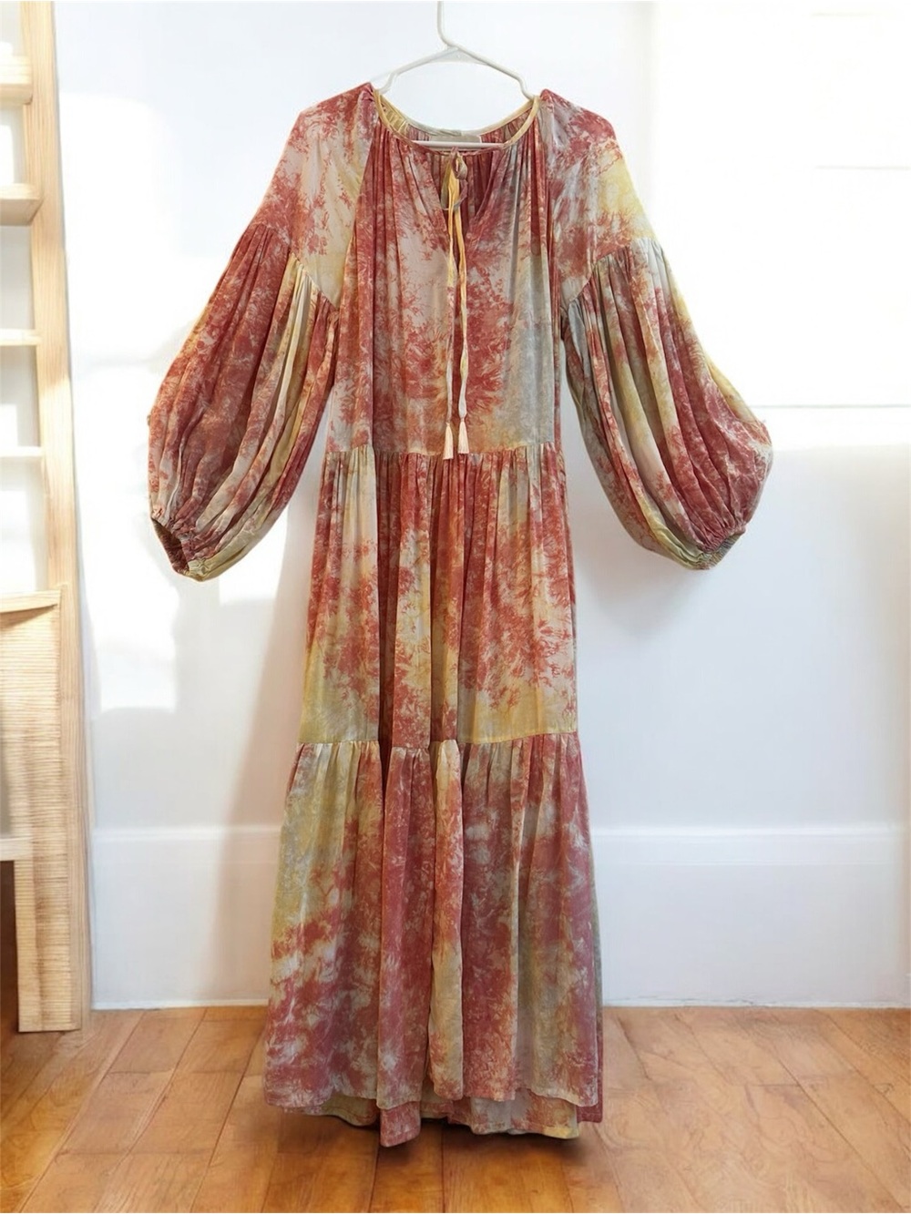 Natalie Martin Tiered Puff Sleeve Maxi Dress Red Yellow Lightweight Boho Roomy